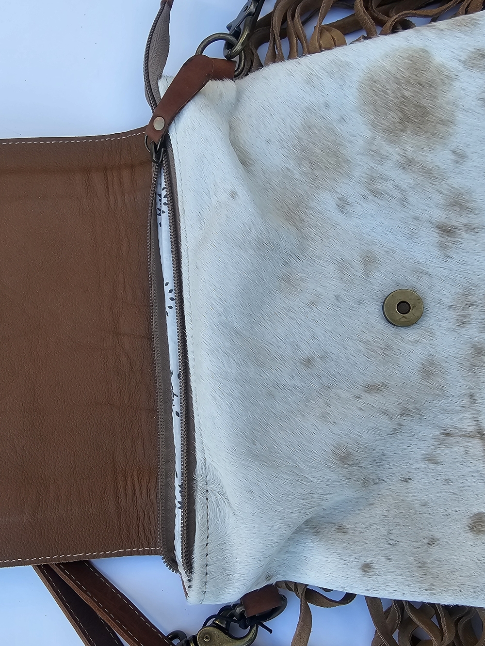 Myra Bag White & Brown Cowhide Fringe Crossbody with Tooled Leather Flap - Picture 2 of 5